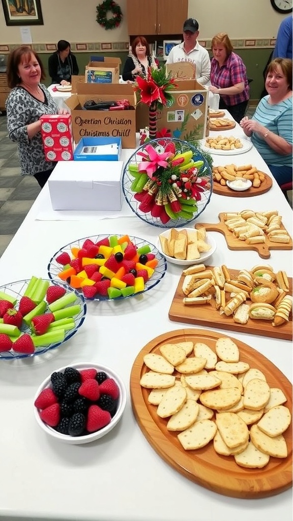 A vibrant table with snacks for a packing party, including veggies, fruit, sandwiches, and festive decorations.